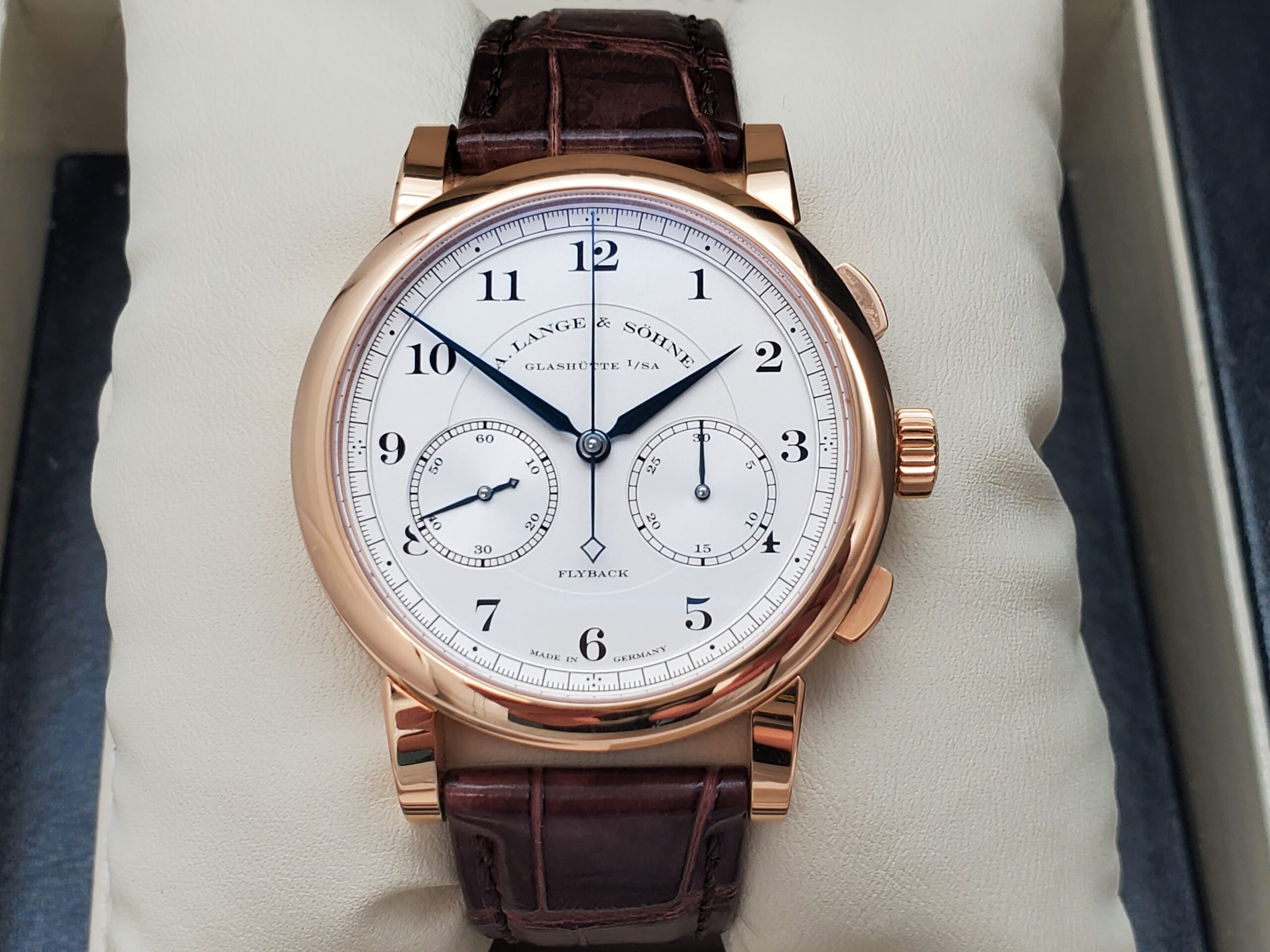 A. Lange Sohne 1815 Chronograph 402.032 2021 Full Set Very Good Discontinued 18K Rose Gold ALS Warranty